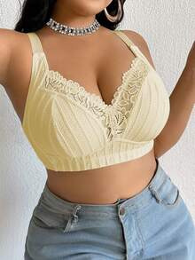 DesireSculpt 1pc Plus Size Lace Patchwork Wireless Bra - Yellow - View 4