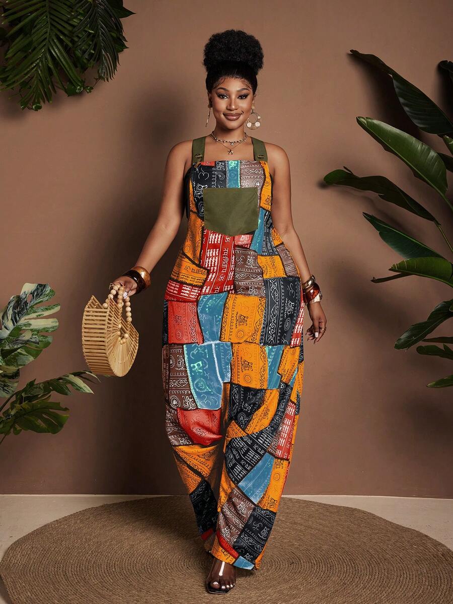 Maweii Bộ áo liền quần cỡ lớn, không tay, dáng rộng, có túi, kiểu harem, in họa tiết chắp vá. - Nhiều màu - Xem 1