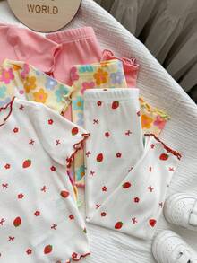 SHEIN Baby Girl Cute Cartoon Bear And Flower Pattern Round Neck Short-Sleeved Pants Casual Comfortable Knit Pajama Set (6-Piece Set) - Multicolor - View 6