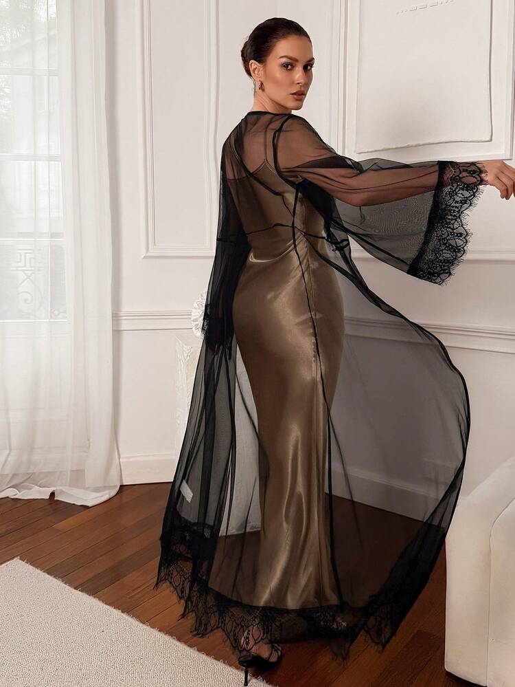 2pcs Lace Mesh See-Through Long Camisole Nightgown Set, Women Spring Sleepwear Outfit