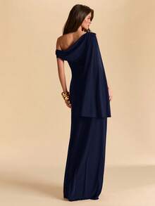SHEIN BAE Asymmetric Ruched Open Shoulder Bodycon Mermaid Dress In Eggplant Purple Rose, Mesh Dress For Vacation & Beach, Spring/Summer - Navy Blue - View 2