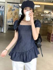 DAZY 女款格紋圓領休閒短袖夏季襯衫 - 藍色 - 查看 5