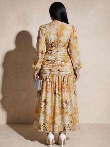 Modelyn 大码女式印花褶皱腰身优雅派对连衣裙 - 彩色 - 查看 4