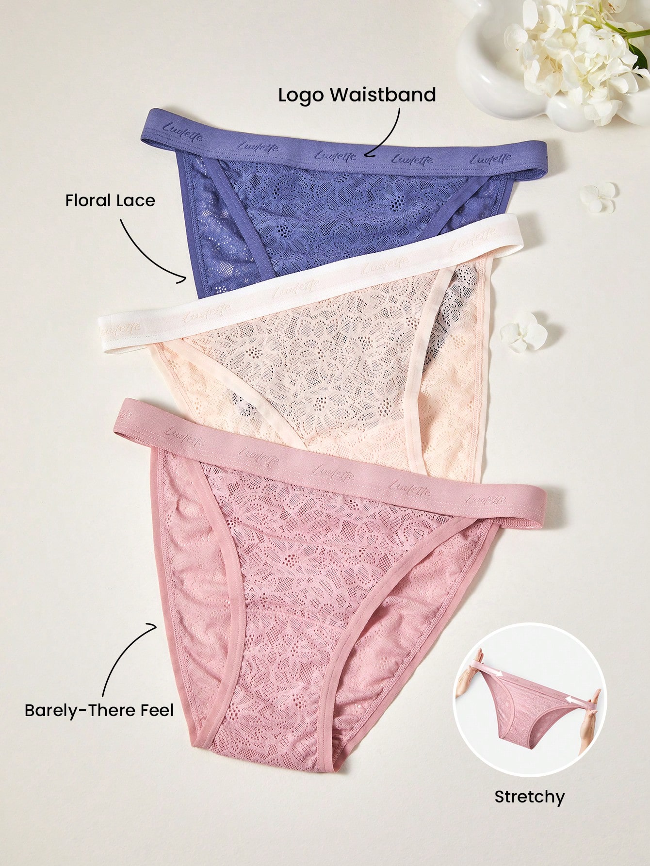 3 paquets de sous-vêtements à taille basse en dentelle florale douce et aérée pour femmes, style échancré