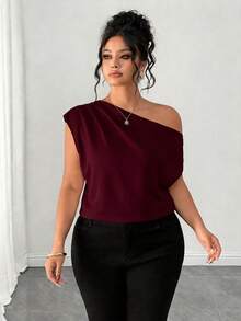Elenzga Plus Size Women's Asymmetrical Shoulder Versatile Casual Blouse, Suitable For Spring/Summer, Commuting, Daily Wear, And Romantic Occasions - Burgundy - View 3