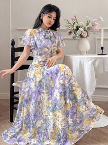 Modelyn Women's Ruffle Collar Tie Waist Flare Hem Dress With Puff Sleeves - Purple - View 5