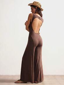 Bohemela Solid Color Knit Backless Sleeveless Wide Leg Jumpsuit For Women - Coffee Brown - View 2