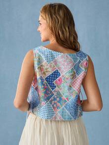 WESTFADE Patchwork Side Tie Boxy Cropped Sleeveless Top Spring Summer Vacation Beach Golf Western Sexy Wear For Women Nashville Cowgirl Casual Cute Boho White - Multicolor - View 2