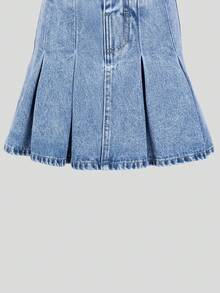 SHEIN 女童牛仔A字裙，夏季新品，浅复古牛仔蓝，松紧腰，时尚百褶裙，修身剪裁，适合日常、度假、上学、通勤、户外活动等多种场合。 - 藍色 - 查看 8