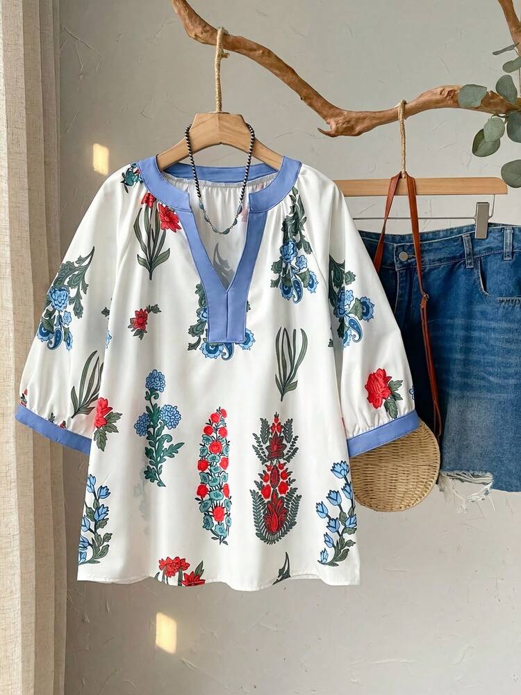 Plus Size Women's Spring Casual Floral Print Short Sleeve Blouse