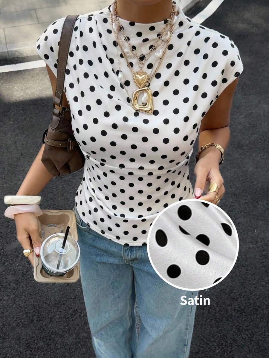 SHEIN EZwear 女士立领短袖白色底波点修身衬衫 - 黑與白 - 查看 1