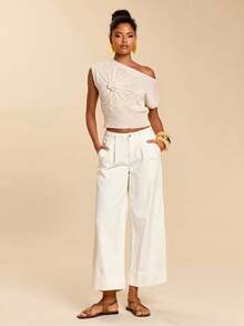 Travachic Women's Solid Color Applique Asymmetric Collar Casual Knit Top - Camel - View 3