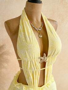 Soleia Fashionable Knitted Lace Solid Color Beach Vacation Vacation Elegant Tropical Backless Jumpsuit For Women Pale Yellow Summer - Yellow - View 4