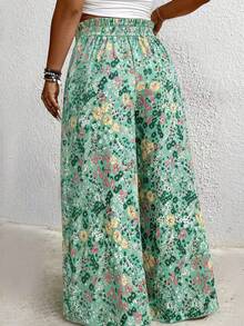 EMERY ROSE Pantalones rectos y sueltos con cintura de bolsa de papel con estampado floral pequeño, talla grande, para verano - Verde - Ver 2