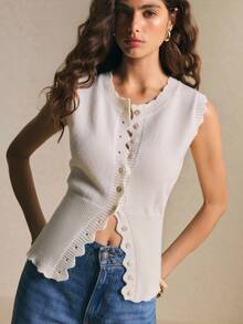 Poéselle Áo cardigan dệt kim không tay cổ tròn cài cúc phía trước màu trơn dành cho nữ, kiểu dáng thường ngày. - Màu be - Xem 5