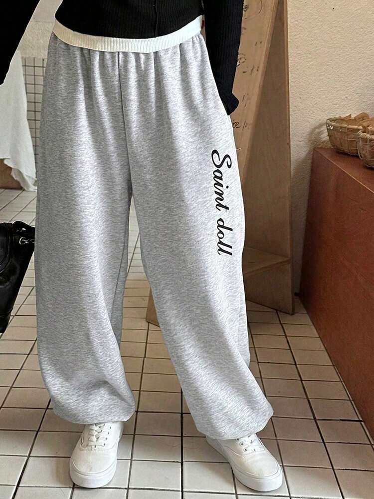 Tween Girl Letter Print Fleece Sweatpants, Fall