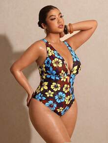 Elaquor Traje de baño de una pieza con escote en V profundo y estampado floral para mujer de talla grande - Multicolor - Ver 5