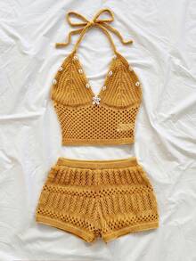 Soleia New Vacation Halter Neck Tank Top And Shorts Casual Knit 2 Pieces Set - Yellow - View 6