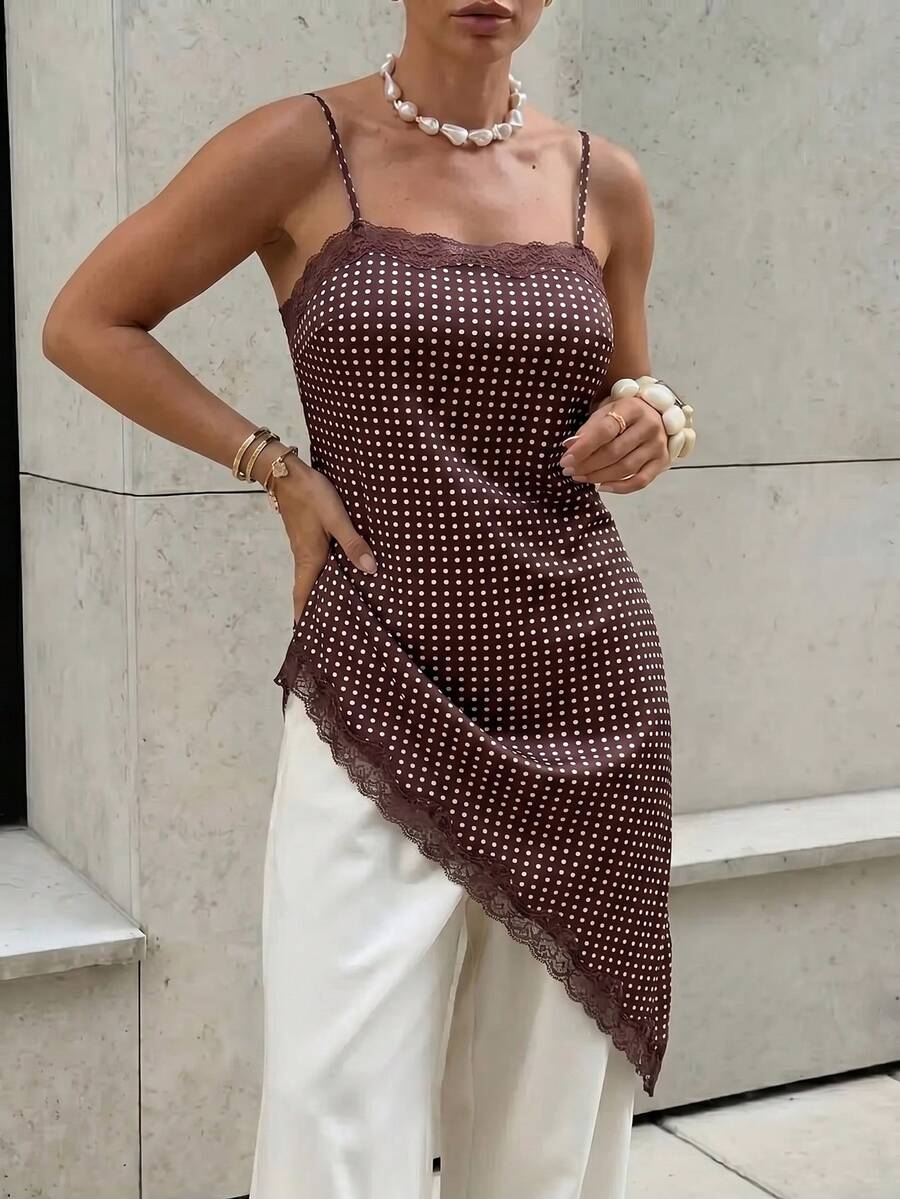 Slaydiva Elegant Sexy Casual Summer White Lace Patchwork Asymmetrical Hem Camisole Top, Women Loose Strap Top-A Golf