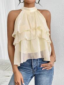 Firerie Loose Neck Ruffle Asymmetrical Chiffon Blouse,Summer Top - Apricot - View 4