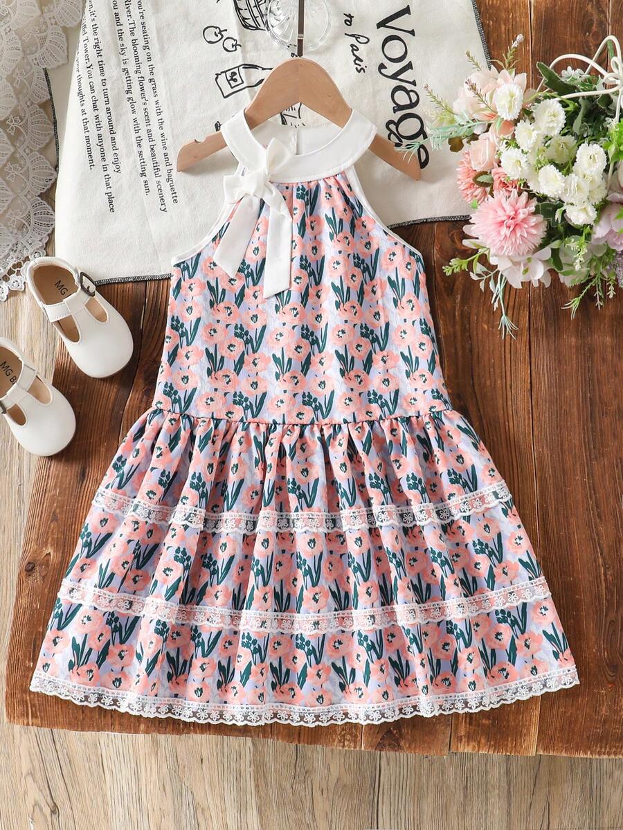 SHEIN Genkimix Kids Vestido de niña pequeña elegante y dulce para vacaciones con bordado floral, volantes de 3 niveles y lazo, estilo francés campestre, para primavera/verano - Rosa - Ver 1