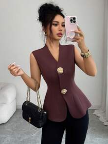SHEIN Elenzya Áo khoác không tay màu đỏ tía thanh lịch dành cho nữ, kiểu cardigan cổ chữ V, thích hợp mặc thường ngày hoặc đi làm, mùa hè. - Màu Đỏ Sâu - Xem 5