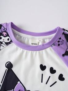 HELLO KITTY AND FRIENDS | SHEIN 少女字母卡通印花圆领短袖上衣和短裤睡衣套装 - 彩色 - 查看 4