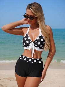 Swim Lushoire 两件套女士泳装，优雅复古黑白波点印花图案，可调节挂脖式肩带，适合海滩、泳池、休闲派对、度假等场合。 - 黑與白 - 查看 7