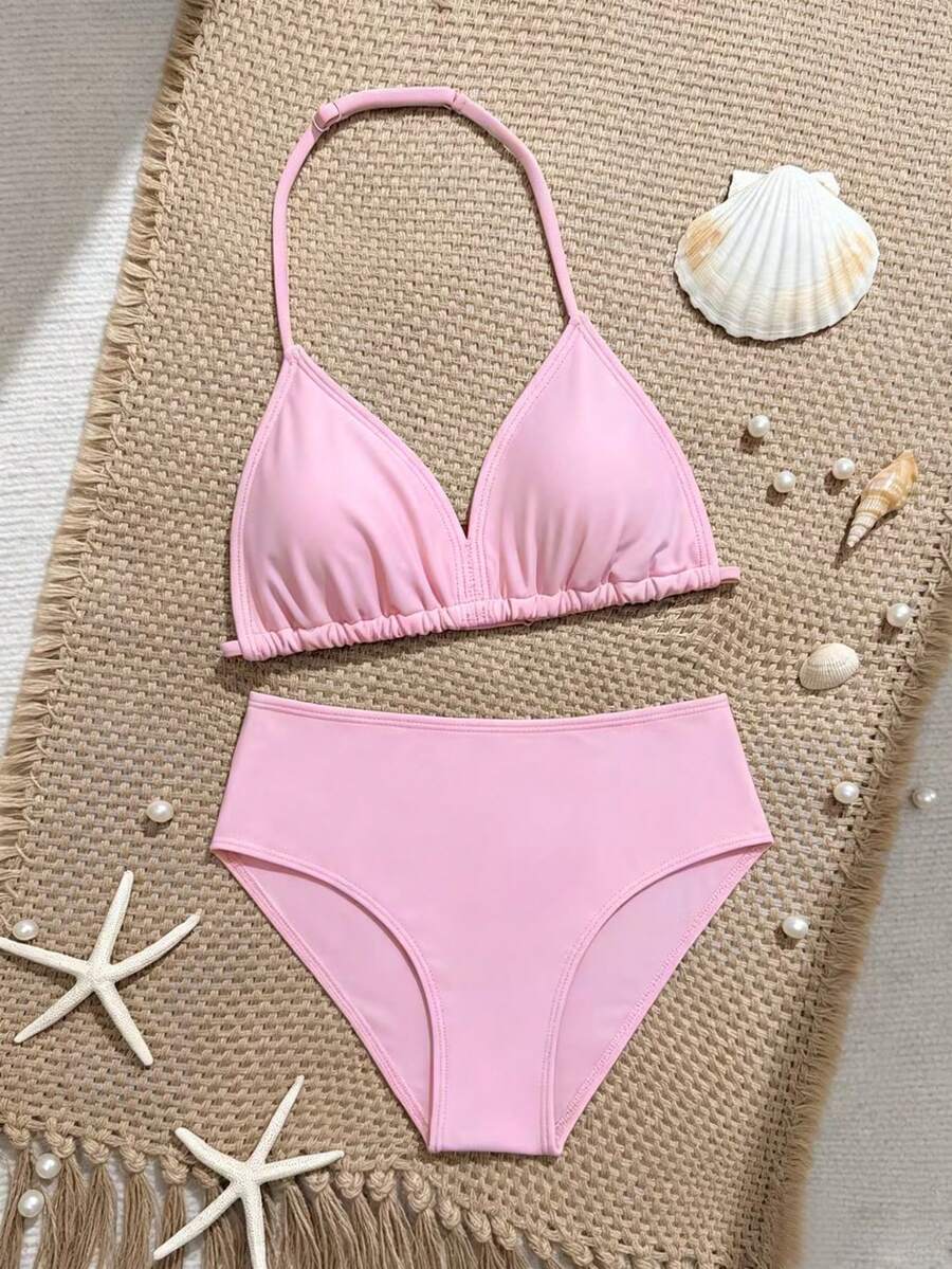 SHEIN Bộ bikini cho bé gái tuổi teen, đồ bơi hai mảnh màu hồng bằng vải dệt kim, kiểu tam giác, cổ yếm, thời trang thường ngày, thanh lịch cho bãi biển, hồ bơi, kỳ nghỉ hè. - Hồng - Xem 1