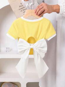 Camiseta corta de punto de unicolor ajustada y sin espalda con decoración de lazo de organza sobredimensionado para niña, elegante estilo francés, de vuelta al colegio, Y2K, estilo dulce y fresco de señorita - Amarillo - Ver 7