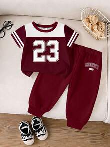 2pcs/Set Baby Boy Casual Sports Style Brooklyn 23 Colorblock Round Neck Short Sleeve T-Shirt And Pants Set, Spring To Summer - Multicolor - View 6