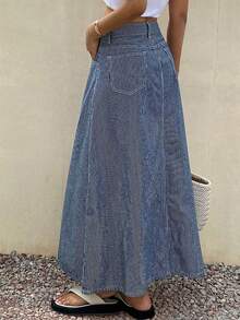 DAZY Chân váy denim dài kẻ sọc kiểu dáng thường ngày dành cho nữ, thích hợp cho mùa xuân và mùa hè. - Xanh và trắng - Xem 2