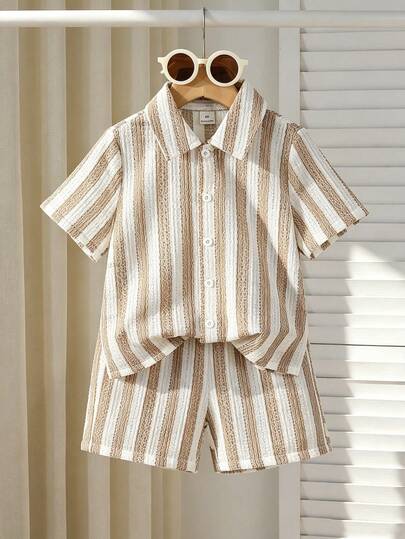 2pcs/Set Young Boy Striped Short Sleeve Button-Up Shirt And Shorts Casual Outfit