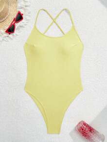 SHEIN Swim SPRTY Bộ áo tắm liền quần gợi cảm không tay, hở lưng, màu trơn mới dành cho nữ mùa hè, thích hợp cho kỳ nghỉ biển. - Vàng nhạt - Xem 4