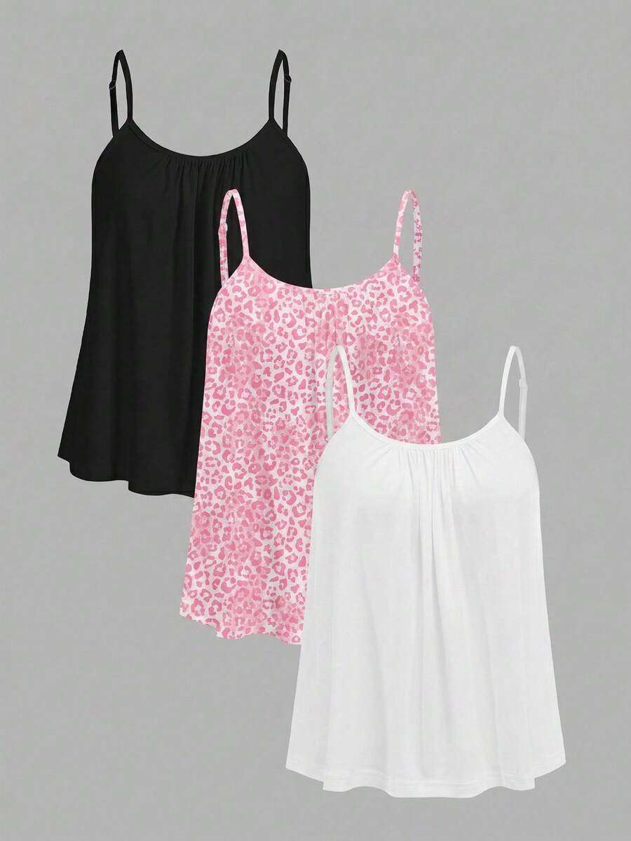SHEIN EZwear Bộ 3 áo hai dây cỡ lớn phong cách tối giản, thích hợp cho tiệc tùng, lễ hội âm nhạc, đi học, kỳ nghỉ, dạo phố, khám phá thành phố, trang phục đa năng, có thể mặc riêng hoặc phối lớp, họa tiết da báo hồng. - Nhiều màu - Xem 1