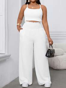 SHEIN Tall CURVE سراويل كاجوال فضفاضة من الشيفون الأحادية اللون لربيع/صيف المرأة ذات الحجم الكبير، خصر مطاطي مع حافة متسعة، مناسبة للعمل والارتداء اليومي - أبيض - مشاهدة 5