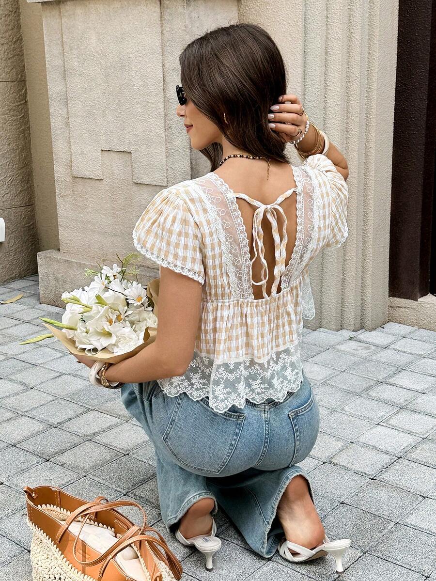 Serisse 女士夏季休闲格子撞色蕾丝衬衫