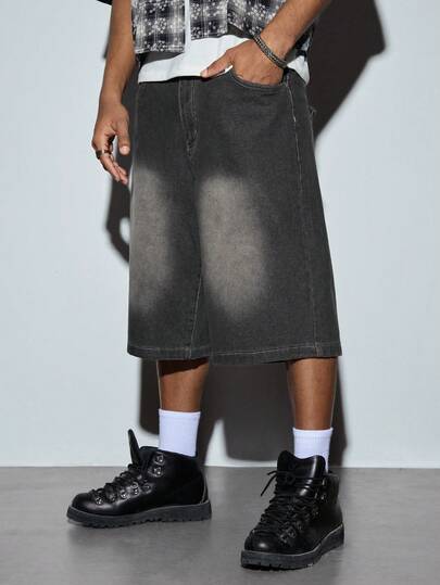 Modcrash Vintage American Washed Denim Loose Straight Leg Shorts, Spring/Summer