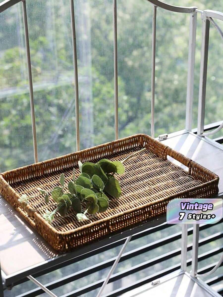 SHEIN 3PCS/2PCS/1PC 复古编织托盘带手柄,面包篮,零食、蔬菜、水果、甜点储物篮,适用于桌面、客厅、阳台、野餐、家居收纳和装饰性收纳托盘 - 咖啡棕 - 查看 1