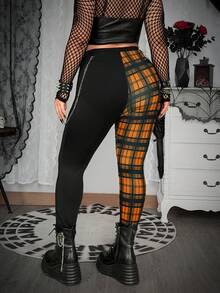 Whyspr Leggings de talla grande con parche de cuadros, ojales y cintura elástica, estilo punk, para primavera/verano - Multicolor - Ver 2