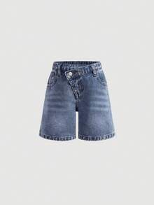 Shorts vaqueros sueltos y rectos con cinturón versátiles para niñas, de verano - Azul lavado oscuro - Ver 3