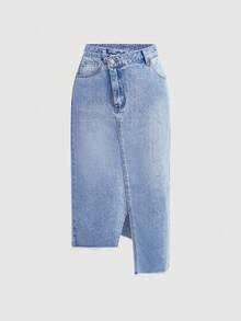 SHEIN Tall 女士时尚多功能口袋拉链不对称下摆牛仔裙 - 淺色水洗藍 - 查看 1