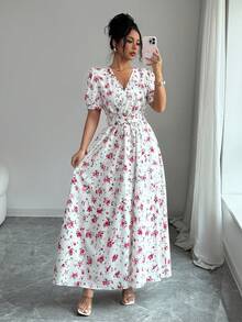 Balvessa Women's Elegant Floral Print Metal Buckle Decor Short Sleeve Dress, Suitable For Summer Vacation Vacation Light Pink - Baby Pink - View 5
