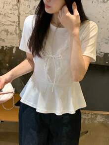 DAZY 女士二合一蕾丝拼接圆领短袖T恤 夏季 - 白色 - 查看 5