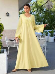 Al Najma Sequin Digital Print Long Sleeve Loose Fashion Elegant Pink Dress For Women - Yellow - View 2