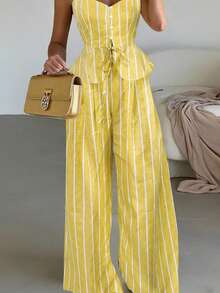 INAWLY Conjunto de 2 piezas de top de tirantes con lazo y pantalones de pierna ancha a rayas elegante para vacaciones de mujer - Amarillo - Ver 4
