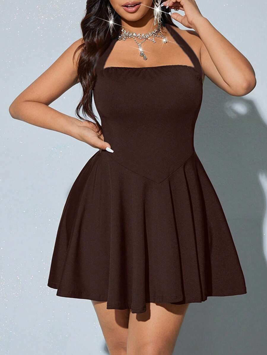 Viva Relle Vestido de verano con escote halter sin espalda y volantes en el bajo, talla grande y unicolor - Marrón - Ver 1