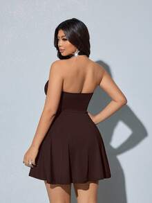 Viva Relle Vestido de verano con escote halter sin espalda y volantes en el bajo, talla grande y unicolor - Marrón - Ver 2