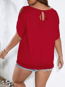EMERY ROSE Plus Size Women Round Neck Off Shoulder Short Sleeve Loose T-Shirt - Red - View 2