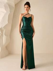 Đầm maxi nữ hở vai cổ yếm xẻ cao đến đùi, đầm dạ hội trang trọng (có đính họa tiết) - Màu xanh lá cây đậm - Xem 3